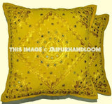 2pc Yellow Boho Throw Pillow Bohemian Indian Mirror Work Pillow Bohemian Sofa Cushions