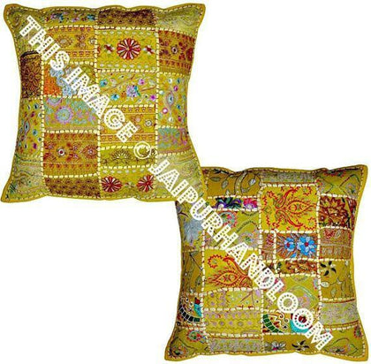 2pc Yellow Indian Bohemian Patchwork Pillows For Couch By Jaipur Handloom-Jaipur Handloom