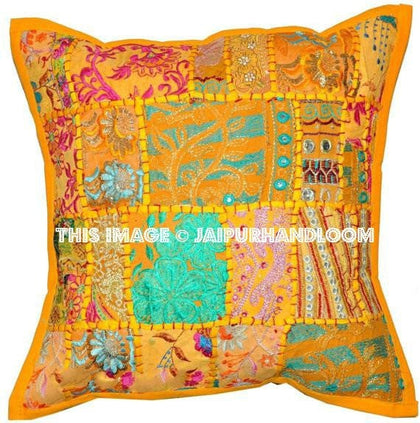2pc Yellow Indian Style Dining Chair Cushions Bohemian Patchwork Sofa Pillows-Jaipur Handloom