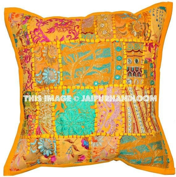 2pc Yellow Indian Style Dining Chair Cushions Patchwork Sofa Pillows