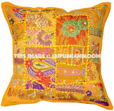 2pc Yellow Indian Style Dining Chair Cushions Bohemian Patchwork Sofa Pillows-Jaipur Handloom