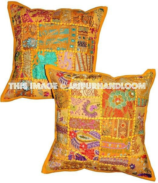 2pc Yellow Indian Style Dining Chair Cushions Bohemian Patchwork Sofa Pillows-Jaipur Handloom