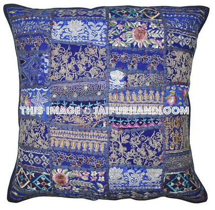 2pc blue Patchwork Bedroom Cushions Indian Embroidered Car Pillows-Jaipur Handloom