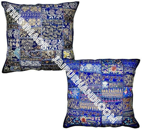 2pc blue Patchwork Bedroom Cushions Indian Embroidered Car Pillows-Jaipur Handloom