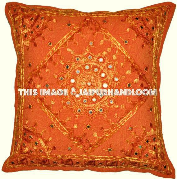 2pc orange decorative Throw Pillow Indian Mirror Work Pillow Decorative Gypsy Pillow-Jaipur Handloom