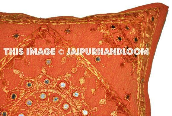 2pc orange decorative Throw Pillow Indian Mirror Work Pillow Decorative Gypsy Pillow-Jaipur Handloom