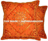 2pc orange decorative Throw Pillow Indian Mirror Work Pillow Decorative Gypsy Pillow-Jaipur Handloom