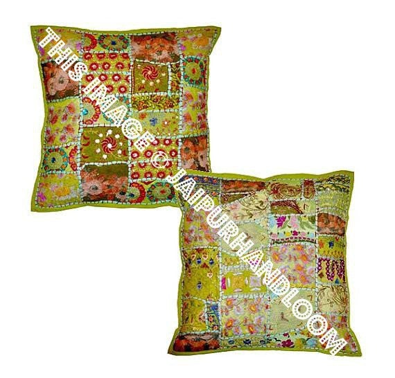 2pc set Green Vintage Bohemian Indian throw Pillow for couch on sale-Jaipur Handloom