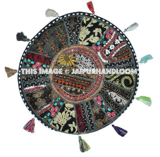 32" Black Large Round Floor Pillow Meditation Cushion religious Buddha Yoga Seating Floor Pillow Cover Throw Pillow bean bag Foot Stool-Jaipur Handloom
