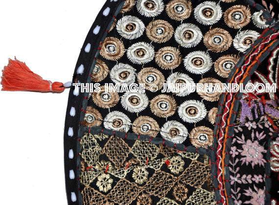 32" Black Round Floor Pillow  Floor Cushion Pouf Ottoman decorative throw pillow round seating Bohemian Patchwork cushion Indian Foot Stool