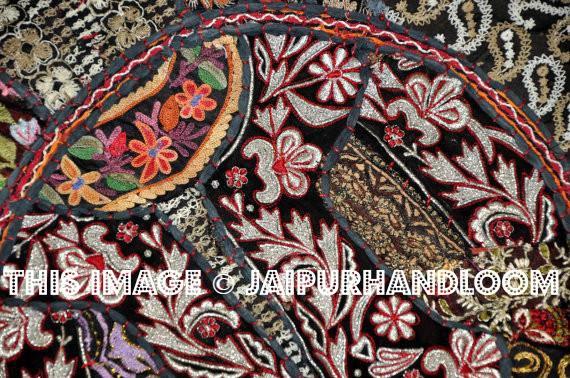 32" Black Round Floor Pillow  Floor Cushion Pouf Ottoman decorative throw pillow round seating Bohemian Patchwork cushion Indian Foot Stool