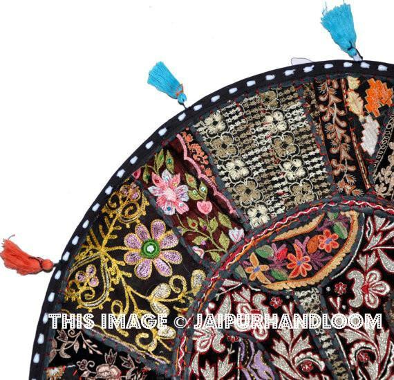 32" Black Round Floor Pillow  Floor Cushion Pouf Ottoman decorative throw pillow round seating Bohemian Patchwork cushion Indian Foot Stool
