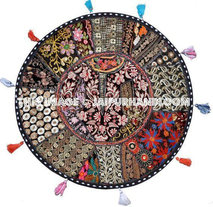 32" Black Round Floor Pillow  Floor Cushion Pouf Ottoman decorative throw pillow round seating Bohemian Patchwork cushion Indian Foot Stool