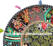 32" Black Round Floor pillows, large floor pillows, floor pillow, Decorative Pillow, Patchwork pillow, Embroidered Pillow, Cushion Cover-Jaipur Handloom
