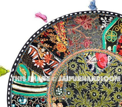 32" Black Round Floor pillows, large floor pillows, floor pillow, Decorative Pillow, Patchwork pillow, Embroidered Pillow, Cushion Cover-Jaipur Handloom