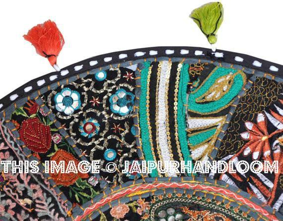 32" Black Round Floor pillows, large floor pillows, floor pillow, Decorative Pillow, Patchwork pillow, Embroidered Pillow, Cushion Cover-Jaipur Handloom