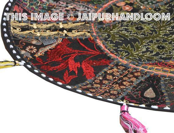 32" Black Round Floor pillows, large floor pillows, floor pillow, Decorative Pillow, Patchwork pillow, Embroidered Pillow, Cushion Cover-Jaipur Handloom