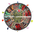 32" Black Round Floor pillows, large floor pillows, floor pillow, Decorative Pillow, Patchwork pillow, Embroidered Pillow, Cushion Cover-Jaipur Handloom