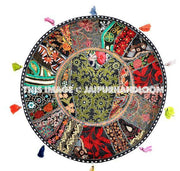 32" Black Round Floor pillows, large floor pillows, floor pillow, Decorative Pillow, Patchwork pillow, Embroidered Pillow, Cushion Cover-Jaipur Handloom