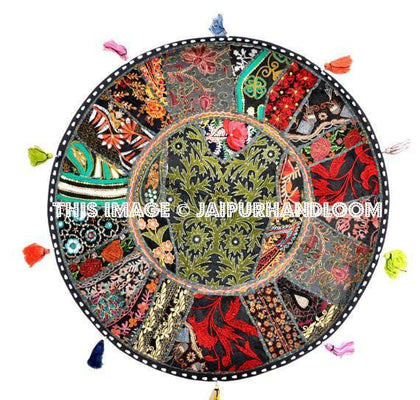 32" Black Round Floor pillows, large floor pillows, floor pillow, Decorative Pillow, Patchwork pillow, Embroidered Pillow, Cushion Cover-Jaipur Handloom