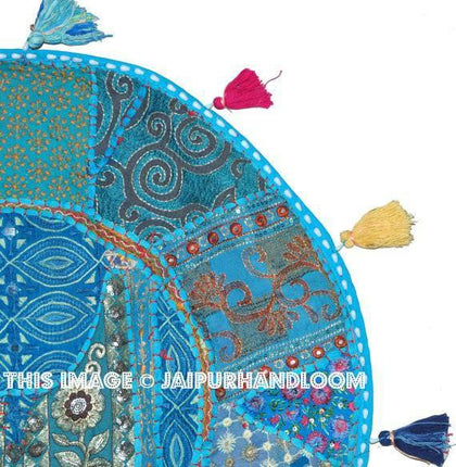 32" Blue Large Round Floor Pillow Cushion Cover Seating Floor Pillow Cover Throw Pillow Toss Pillow Decorative Pillow Cover Foot Stool-Jaipur Handloom