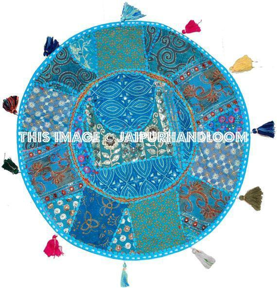 32" Blue Large Round Floor Pillow Cushion Cover Seating Floor Pillow Cover Throw Pillow Toss Pillow Decorative Pillow Cover Foot Stool-Jaipur Handloom