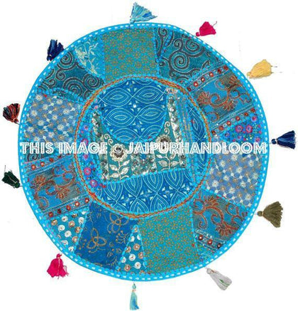 32" Blue Large Round Floor Pillow Cushion Cover Seating Floor Pillow Cover Throw Pillow Toss Pillow Decorative Pillow Cover Foot Stool-Jaipur Handloom