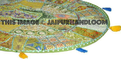 32" Green Round Floor pillows, large floor pillows, floor pillow, Decorative Pillow, Patchwork pillow, Embroidered Pillow, Cushion Cover-Jaipur Handloom