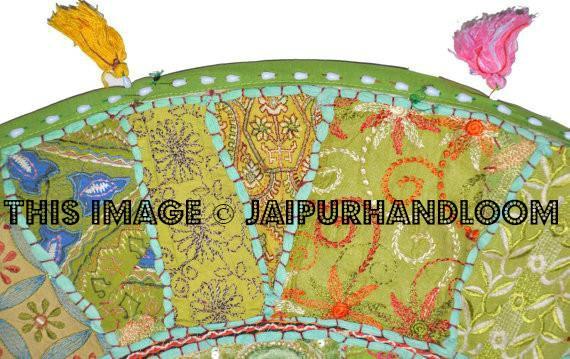 32" Green Round Floor pillows, large floor pillows, floor pillow, Decorative Pillow, Patchwork pillow, Embroidered Pillow, Cushion Cover-Jaipur Handloom