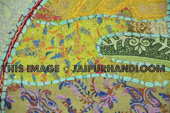 32" Green Round Floor pillows, large floor pillows, floor pillow, Decorative Pillow, Patchwork pillow, Embroidered Pillow, Cushion Cover-Jaipur Handloom