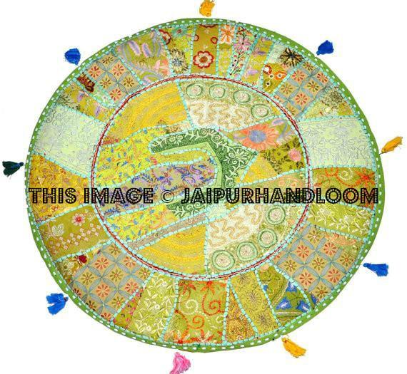 32" Green Round Floor pillows, large floor pillows, floor pillow, Decorative Pillow, Patchwork pillow, Embroidered Pillow, Cushion Cover-Jaipur Handloom