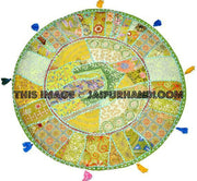 32" Green Round Floor pillows, large floor pillows, floor pillow, Decorative Pillow, Patchwork pillow, Embroidered Pillow, Cushion Cover-Jaipur Handloom