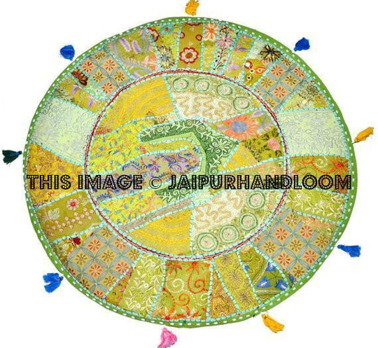 32" Green Round Floor pillows, large floor pillows, floor pillow, Decorative Pillow, Patchwork pillow, Embroidered Pillow, Cushion Cover-Jaipur Handloom