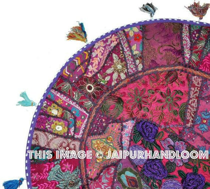 32" Purple Round Floor pillows, large floor pillows, floor pillow, Decorative Pillow, Patchwork pillow, Embroidered Pillow, Cushion Cover-Jaipur Handloom