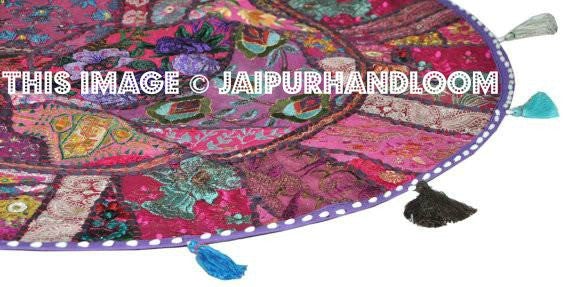 32" Purple Round Floor pillows, large floor pillows, floor pillow, Decorative Pillow, Patchwork pillow, Embroidered Pillow, Cushion Cover-Jaipur Handloom