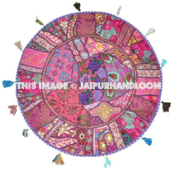 32" Purple Round Floor pillows, large floor pillows, floor pillow, Decorative Pillow, Patchwork pillow, Embroidered Pillow, Cushion Cover-Jaipur Handloom