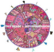 32" Purple Round Floor pillows, large floor pillows, floor pillow, Decorative Pillow, Patchwork pillow, Embroidered Pillow, Cushion Cover-Jaipur Handloom