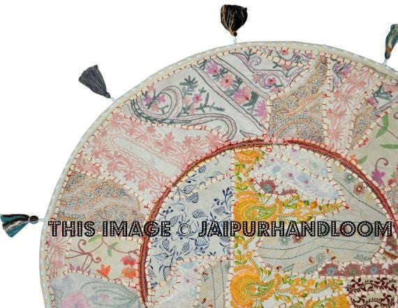 32" White religious Buddha Yoga Seating Large Round Floor Pillow Meditation Cushion Floor Pillow Cover Throw Pillow bean bag Foot Stool-Jaipur Handloom