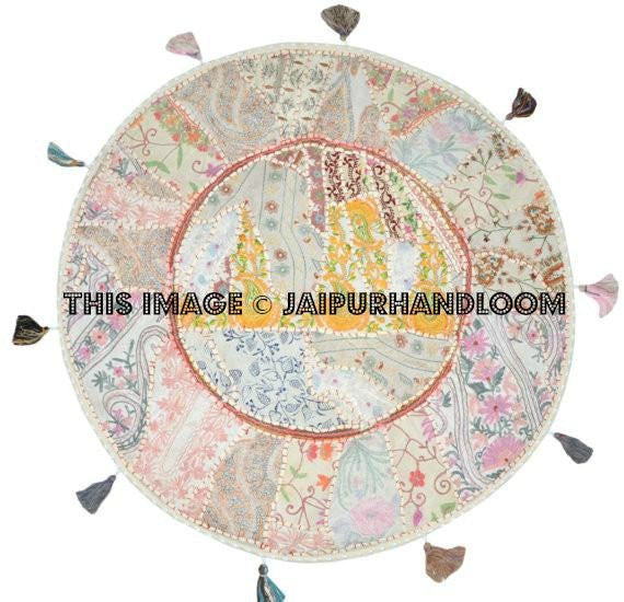 32" White religious Buddha Yoga Seating Large Round Floor Pillow Meditation Cushion Floor Pillow Cover Throw Pillow bean bag Foot Stool-Jaipur Handloom