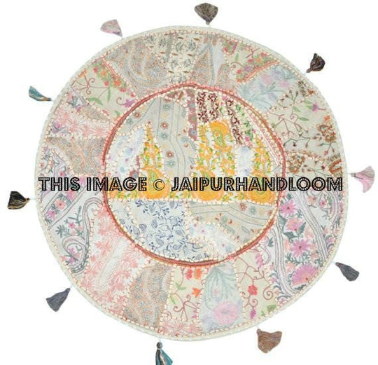 32" White religious Buddha Yoga Seating Large Round Floor Pillow Meditation Cushion Floor Pillow Cover Throw Pillow bean bag Foot Stool-Jaipur Handloom