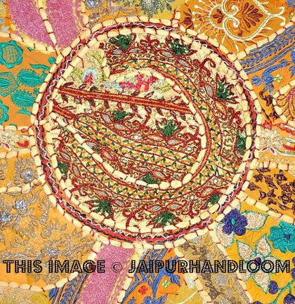 32" XL Round Floor Pillow Cushion in orange pouffe gypsy Bohemian Patchwork floor cushion pouf Vintage Indian FootStool Bean Bag-Jaipur Handloom