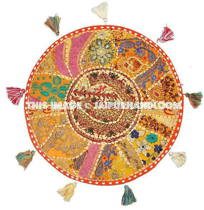 32" XL Round Floor Pillow Cushion in orange pouffe gypsy Bohemian Patchwork floor cushion pouf Vintage Indian FootStool Bean Bag-Jaipur Handloom