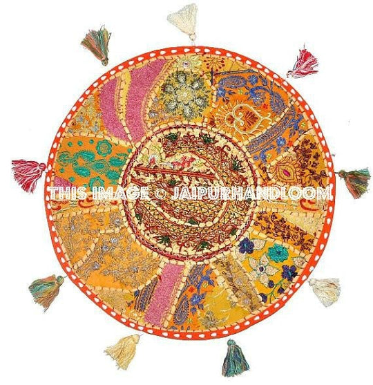 32" XL Round Floor Pillow Cushion in orange pouffe gypsy Bohemian Patchwork floor cushion pouf Vintage Indian FootStool Bean Bag-Jaipur Handloom