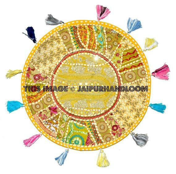 32" Yellow Round Floor Pillow round Cushion round seating Bohemian Patchwork floor cushion pouf Vintage Indian Foot Stool Bean Bag tapestry-Jaipur Handloom