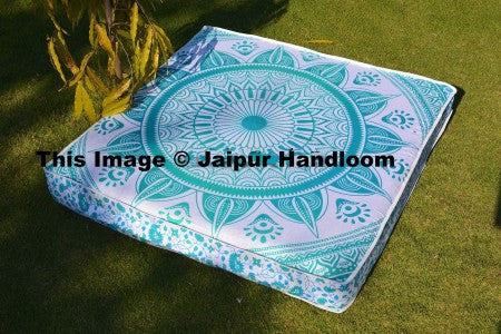 35" square green mandala pouf ottoman cover boho indian square floor pillows-Jaipur Handloom