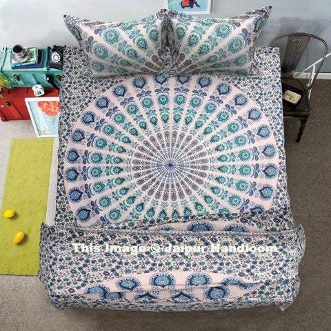 4 PC Aqua Blue Mandala Duvet Doona Quilt Cover Set Indian Ethnc Bedspread & Pillow-Jaipur Handloom