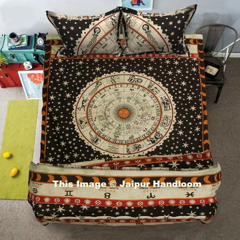 4 PC Doona Cover Set With Bedspread Indian Astrology Duvet Quilt Cover Blanket-Jaipur Handloom