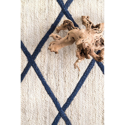 Off White Rug Jute 4X6, Handwoven Rug for Bedroom, Navy Blue Area Rug