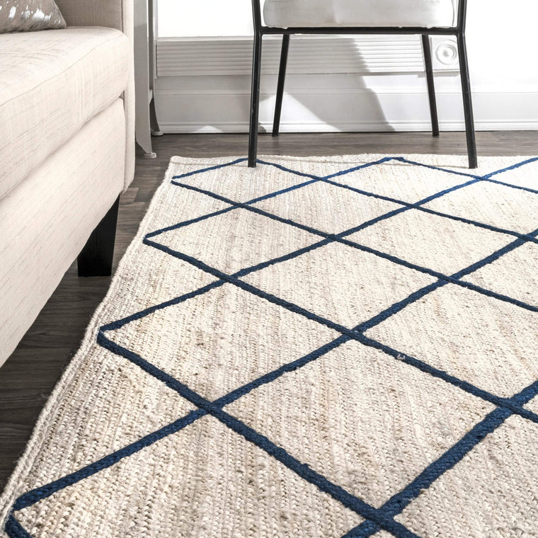 Off White Rug Jute 4X6, Handwoven Rug for Bedroom, Navy Blue Area Rug