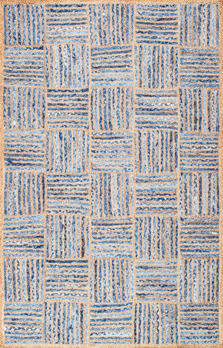 Denim Jute Rug, Block Pattern Rug, Handwoven Area Rug, Denim Rug Carpet